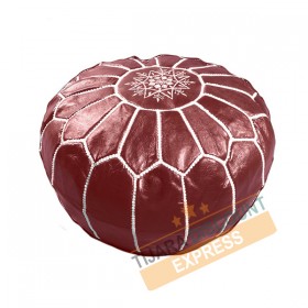 Pouf en cuir rouge foncé avec arabesques blancs