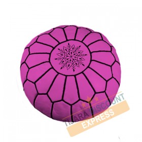 Pouf en cuir rose fuchsia avec arabesques noirs