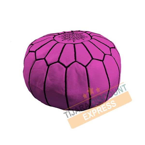 Fuchsia pink leather pouf with black arabesques