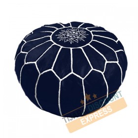 Midnight blue leather pouf with white arabesques