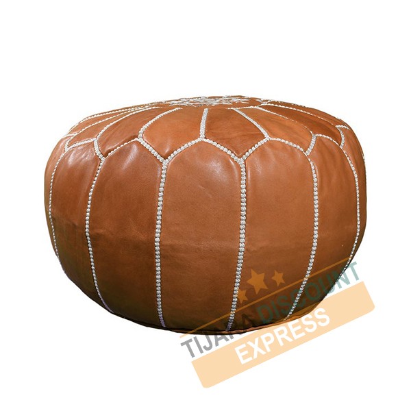 Light Brown Leather Pouf With White, Brown Leather Pouf